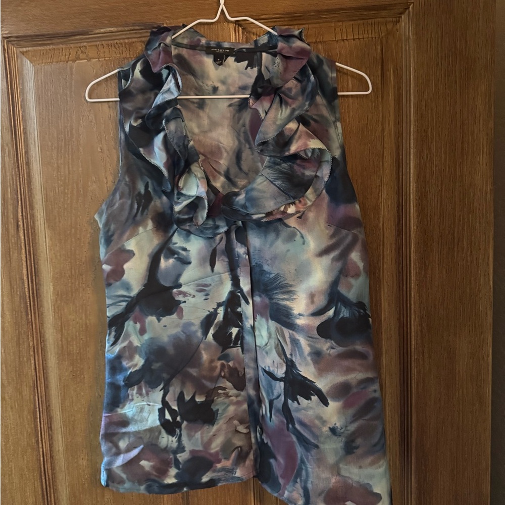 100% Silk Ann Taylor Multicolor Ruffle Blouse
